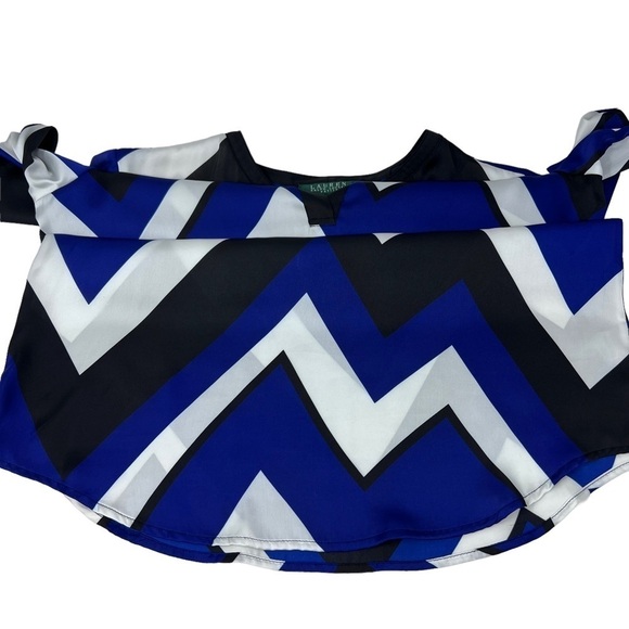 Lauren Ralph Lauren Retro Chevron Print Blouse Size PM Cobalt Blue Black White - Picture 7 of 12